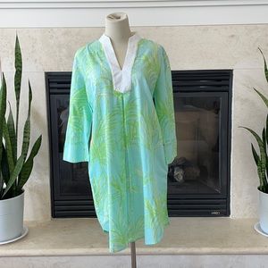 Pockets, embroidered neckline, belt, 100% cotton